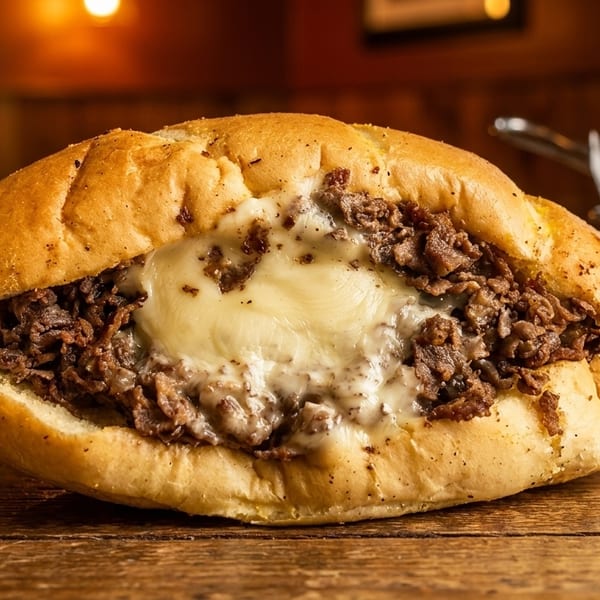 A close-up of a cheesy steak sandwich on a wooden table with a checkered napkin.