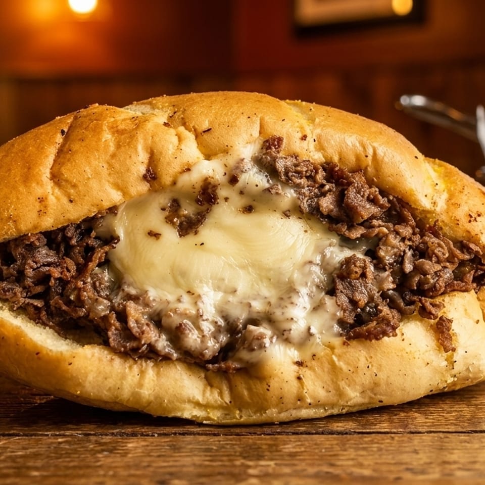 A close-up of a cheesesteak sandwich with melted cheese and steak on a wooden table.