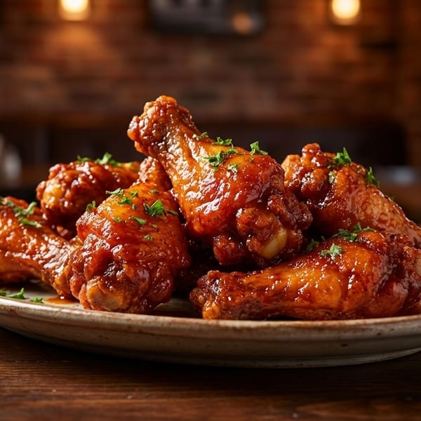A plate of glistening, saucy chicken wings garnished with parsley on a wooden table.