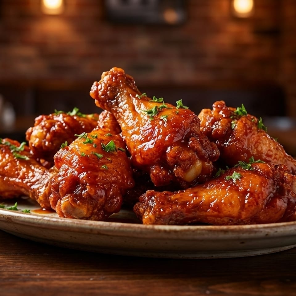 A plate of glistening, saucy chicken wings garnished with parsley on a wooden table.