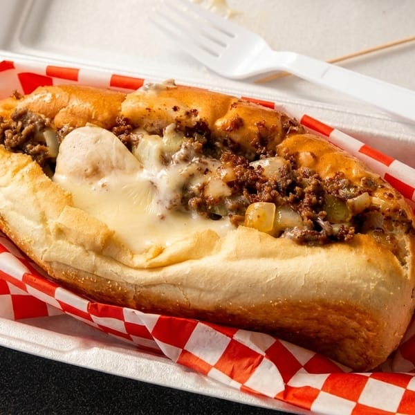 Cheesesteak sandwich with melted cheese and ground meat in a white takeout container with red checkered paper.