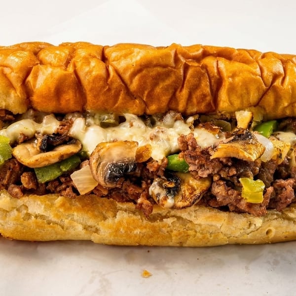A delicious cheesesteak sandwich filled with meat, melted cheese, mushrooms, onions, and green peppers.