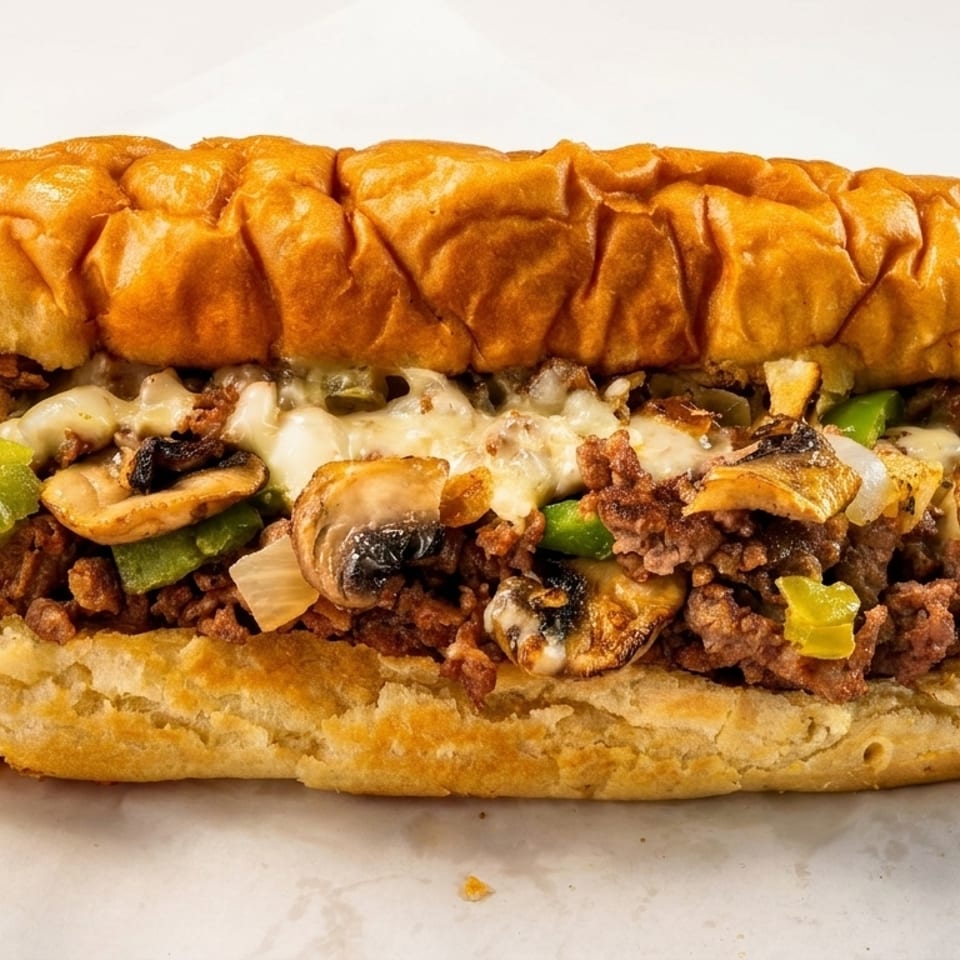 A delicious cheesesteak sandwich filled with meat, melted cheese, mushrooms, onions, and green peppers.