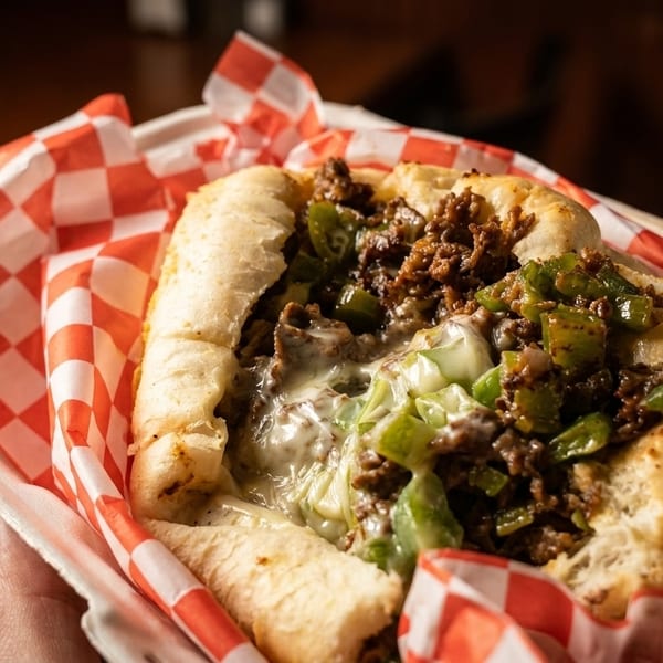 A hand holds a cheesesteak sandwich with steak, melted cheese, and green peppers in a red checkered wrapper.
