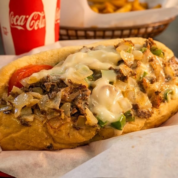 Cheesesteak sandwich with melted cheese, onions, and peppers, served with fries and a soda.