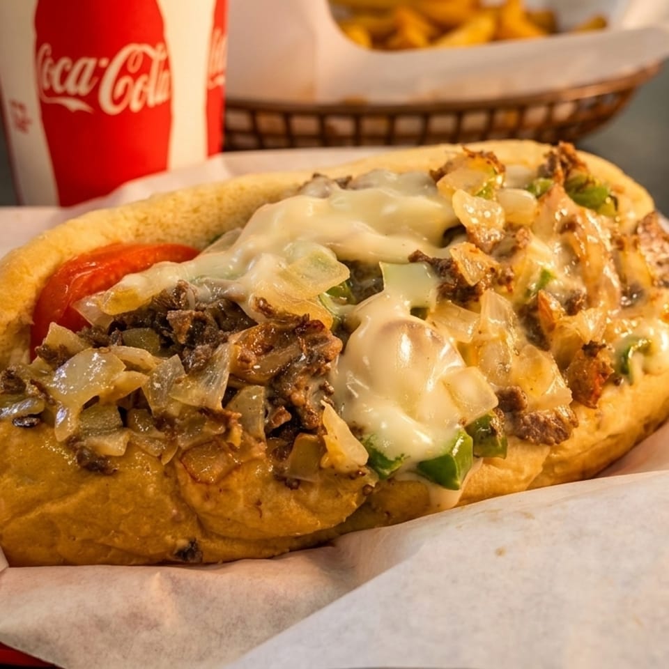 Cheesesteak sandwich with melted cheese, onions, and peppers, served with fries and a soda.