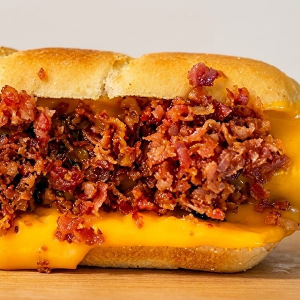 Hot dog in a bun, topped with melted cheese and crispy bacon bits on a wooden surface.