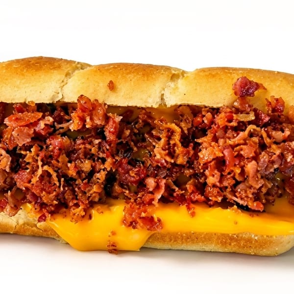 A hot dog in a bun, generously topped with melted cheese and crispy bacon bits.