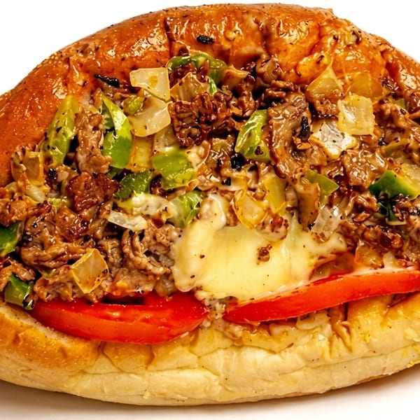 Cheesesteak sandwich with steak, melted cheese, green peppers, onions, and tomatoes on a hoagie roll.