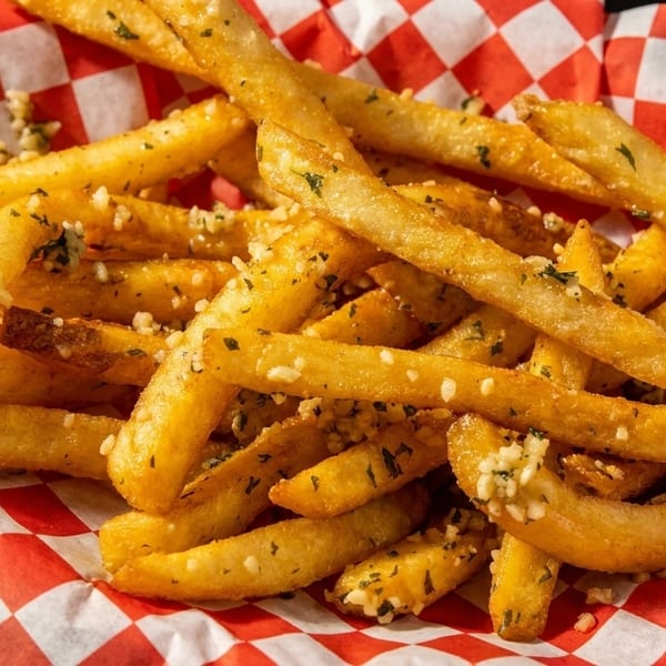 Golden garlic fries with parsley in a red and white checkered paper basket.